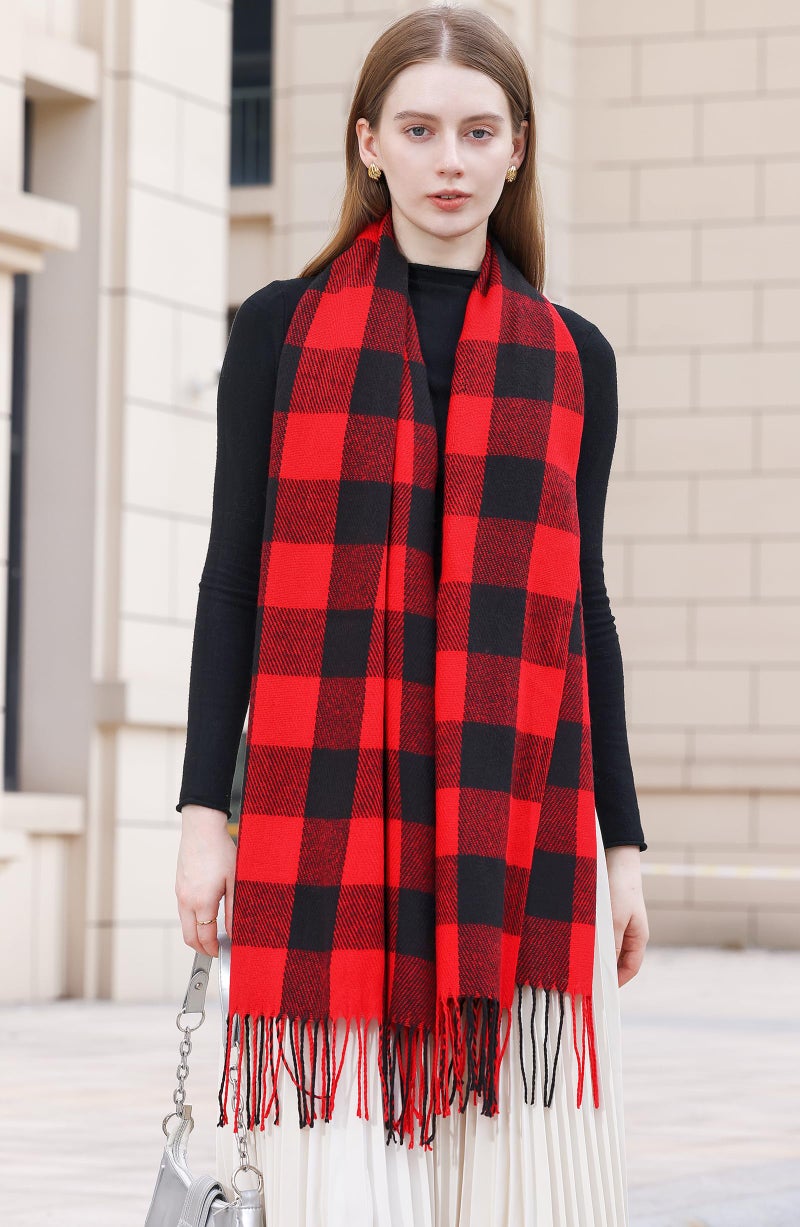 Wander Agio Women's Fashion Long Shawl Winter Warm Lattice Large Scarf Small Plaid Red Black - Image 3